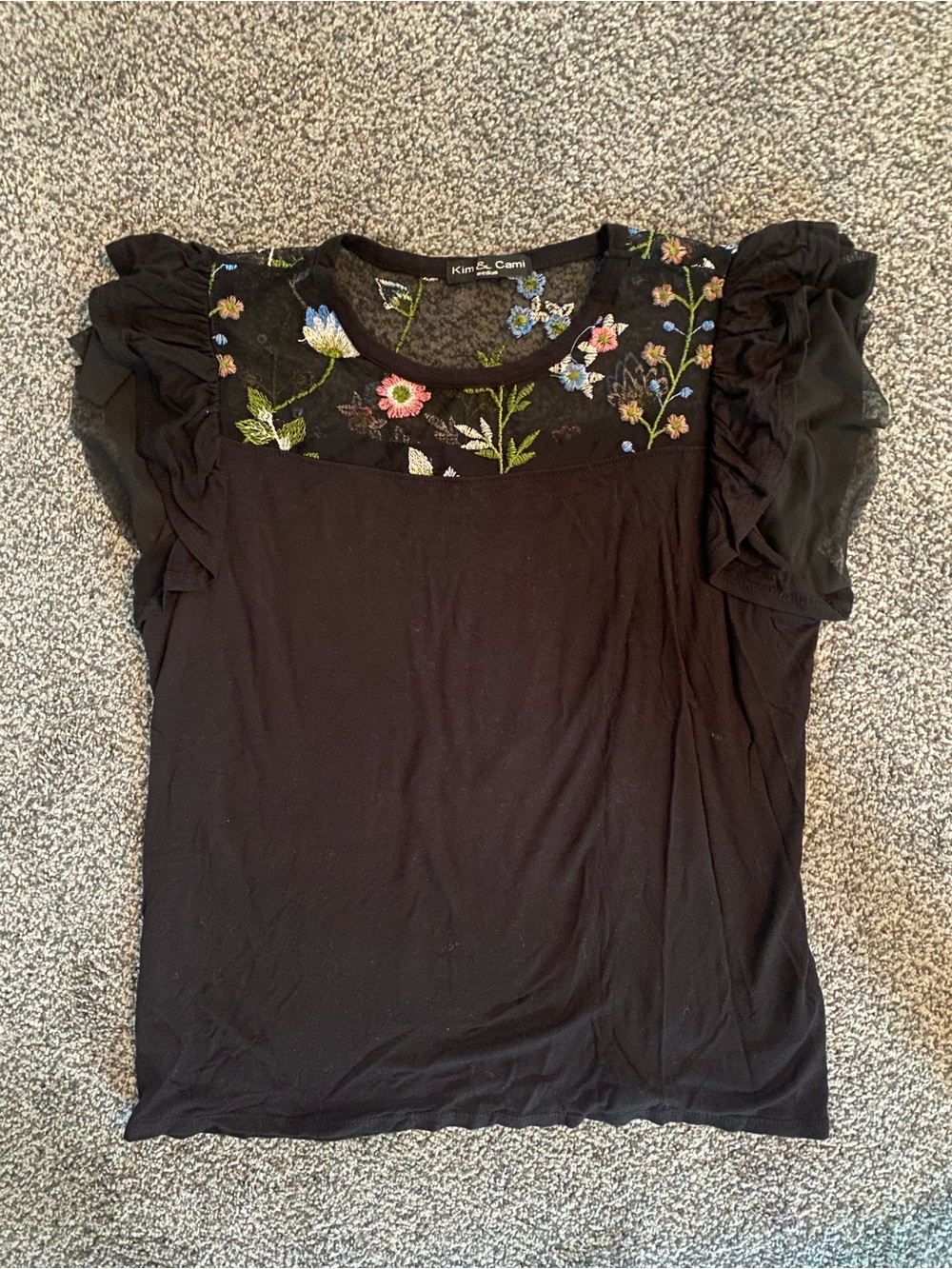 Kim & Cami Black Floral Embroidered Ruffle Sleeve Tee